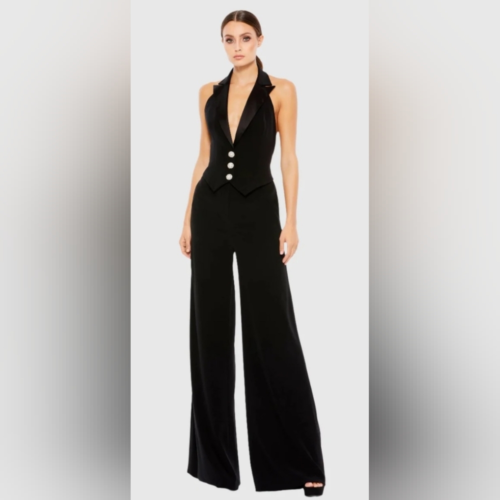 Mac Duggal Black Tuxedo Halter Jumpsuit 2643 Womans Size 8 Jet Black NWT V-Neck